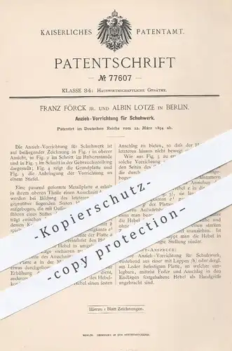 original Patent - Franz Förck | Albin Lotze , Berlin 1894 , Anzieh-Vorrichtung für Schuhwerk | Schuh , Schuhe , Schuster