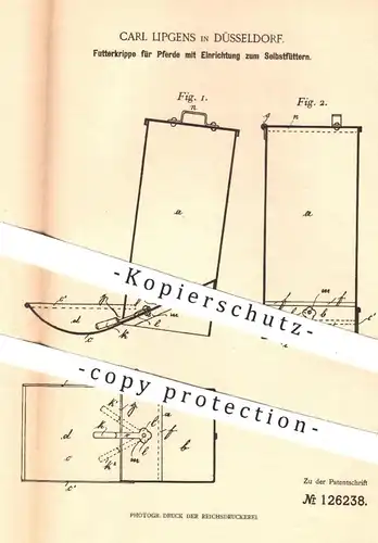 original Patent - Carl Lipgens , Düsseldorf , 1900 , Futterkrippe für Pferde | Krippe , Pferd , Tierzucht , Trog !!!