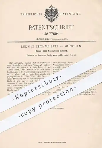 original Patent - Ludwig Zechmeister , München , 1892 , Aufsatz für Kamin oder Ventilation | Kaminofen , Ofen , Öfen !!!