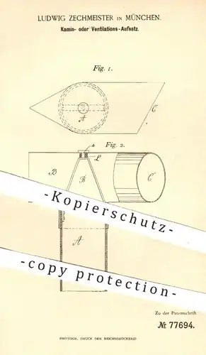 original Patent - Ludwig Zechmeister , München , 1892 , Aufsatz für Kamin oder Ventilation | Kaminofen , Ofen , Öfen !!!