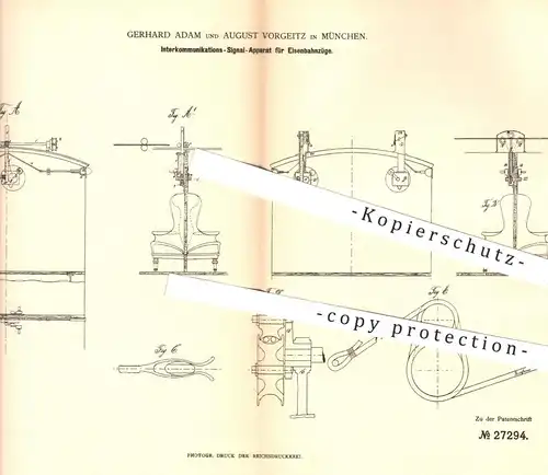 original Patent - Gerhard Adam , August Vorgeitz , München , 1883 , Interkommunikationsapparat für Eisenbahnen | Signale