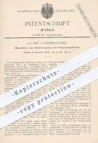 original Patent - J. L. Sixt , Kaiserslautern , 1884 , Anfertigung von Pappschachteln | Pappe , Karton , Papier , Leder