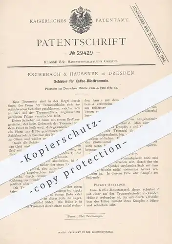 original Patent - Eschebach & Haussner , Dresden , 1884 , Schieber für Kaffee - Rösttrommeln | Rösten , Kaffeebohnen !!!