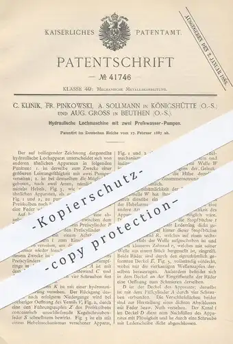 original Patent - C. Klinik , F. Pinkowski , A. Sollmann , Königshütte / A. Gross , Beuthen 1887 , Lochmaschine | Pumpen