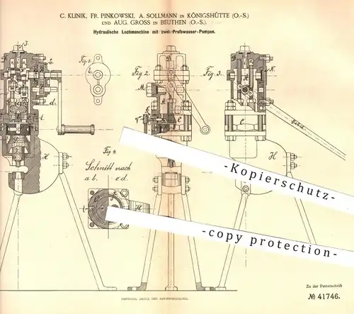 original Patent - C. Klinik , F. Pinkowski , A. Sollmann , Königshütte / A. Gross , Beuthen 1887 , Lochmaschine | Pumpen