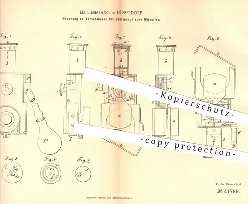 original Patent - Ed. Liesegang , Düsseldorf , 1887 , Verschlüsse für fotografische Objektive | Kamera , Fotograf , Foto
