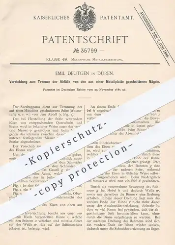 original Patent - Emil Deutgen , Düren , 1885 , Sortieren der Abfälle bei Metallbearbeitung | Metall , Nägel , Stifte !!