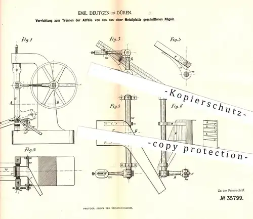 original Patent - Emil Deutgen , Düren , 1885 , Sortieren der Abfälle bei Metallbearbeitung | Metall , Nägel , Stifte !!