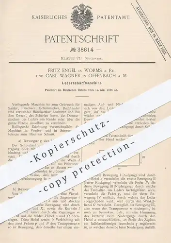 original Patent - Fritz Engel , Worms / Carl Wagner , Offenbach , 1886 , Lederschärfmaschine | Leder , Schuster , Schuhe