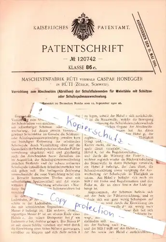 Original Patent  - Maschinenfabrik Rüti vormals Caspar Honegger in Rüti , Zürich, Schweiz , 1900 , !!!