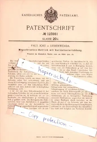 Original Patent  - P. Jost in Liebenwerda , 1901 , Wegschranken-Antrieb mit Vorrläuteeinrichtung !!!