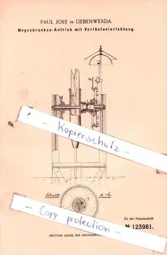 Original Patent  - P. Jost in Liebenwerda , 1901 , Wegschranken-Antrieb mit Vorrläuteeinrichtung !!!