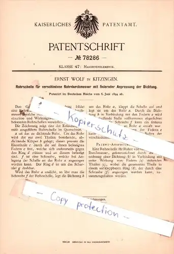 Original Patent  - Ernst Wolf in Kitzingen , 1894 , Rohrschelle für verschiedene Rohrdurchmesser !!!