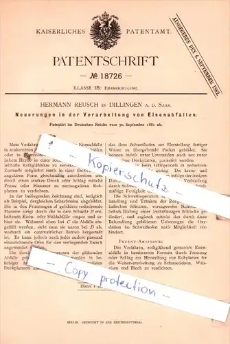 Original Patent  - Hermann Reusch in Dillingen a. d. Saar , 1881 , Eisenerzeugung !!!