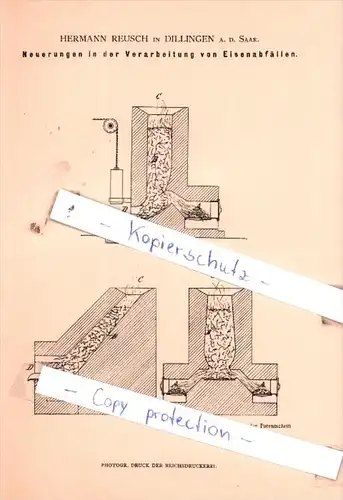 Original Patent  - Hermann Reusch in Dillingen a. d. Saar , 1881 , Eisenerzeugung !!!