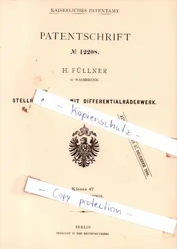 Original Patent  - H. Füllner in Warmbrunn , 1880 , Stellriemscheibe mit Differentialräderwerk !!!