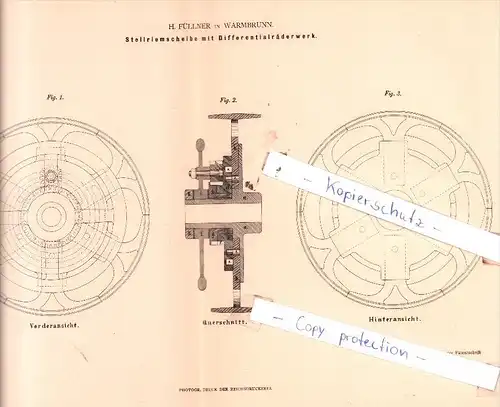 Original Patent  - H. Füllner in Warmbrunn , 1880 , Stellriemscheibe mit Differentialräderwerk !!!