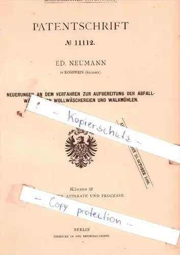 Original Patent  - Ed. Neumann in Rosswein , Sachsen , 1879 , Aufbereitung der Abfallwässer !!!