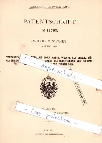Original Patent  - Wilhelm Sonnet in Düsseldorf , 1879 , Ersatz für Gusseisen  etc. !!!