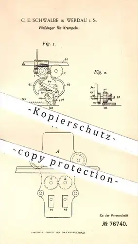 original Patent - C. E. Schwalbe , Werdau , 1893 , Vliesleger für Krempeln | Spinnrad , Spinnerei , Walzen !!!