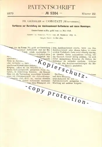 original Patent - Fr. Grässler , Cannstatt , 1879 , Darstellung der Amidoazobenzol - Sulfosäuren u. deren Homologen !