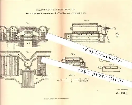 original Patent - William Merton , Frankfurt / Main , 1881 , Raffination von unreinem Zink | Blei , Raffinade , Hütte !!