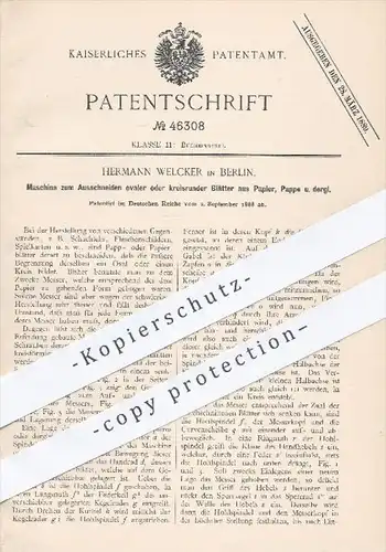original Patent - H. Welcker , Berlin , 1888 , Ausschneiden ovaler o. runder Blätter aus Papier , Pappe | Buchbinder !!!