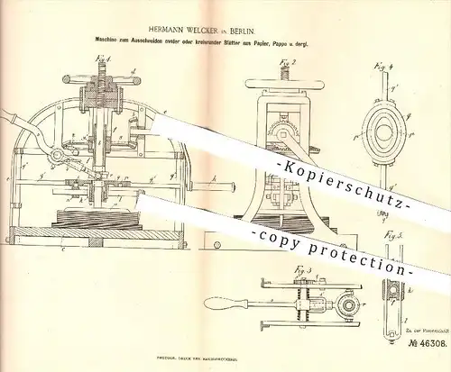 original Patent - H. Welcker , Berlin , 1888 , Ausschneiden ovaler o. runder Blätter aus Papier , Pappe | Buchbinder !!!
