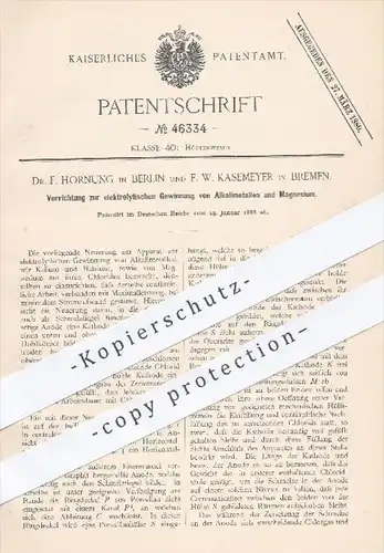 original Patent - Dr. F. Hornung , Berlin | F. W. Kasemeyer , Bremen , 1888 , elektrolytische Gewinnung von Alkalimetall