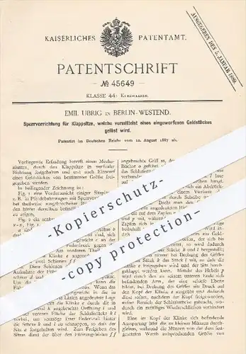 original Patent - Emil Ubrig , Berlin Westend , 1887 , Sperrvorrichtung für Klappsitze mit Geldeinwurf | Pferdewagen !!!