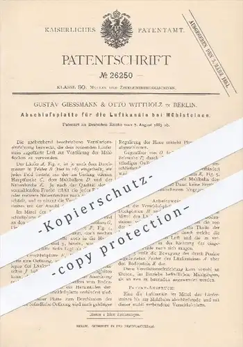 original Patent - G. Giesmann & O. Wittholz , Berlin 1883 , Abschlussplatte für die Luftkanäle bei Mühlsteinen | Mühlen