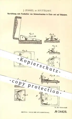 original Patent - J. Zohsel , Stuttgart , 1883 , Halten von Schmuck im Etui & auf Ständern | Papier , Schachtel , Karton