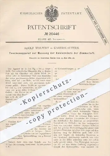 original Patent - Adolf Wolpert , Kaiserslautern , 1882 , Apparat zur Messung der Kohlensäure der Zimmerluft | Luft !!!