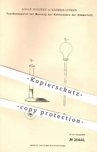 original Patent - Adolf Wolpert , Kaiserslautern , 1882 , Apparat zur Messung der Kohlensäure der Zimmerluft | Luft !!!