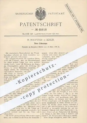 original Patent - H. Hauptner , Berlin , 1888 , Zahnzange für Tiere | Pferd , Pferde , Tierarzt , Zahn , Zähne , Medizin