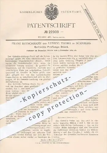 original Patent - F. Rutschmann u. L. Thoma , Nürnberg , 1882 , Stock zur Prüfung von Getreide , Hülsenfrüchte !!!