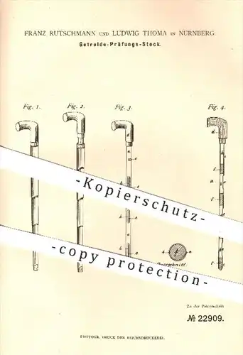 original Patent - F. Rutschmann u. L. Thoma , Nürnberg , 1882 , Stock zur Prüfung von Getreide , Hülsenfrüchte !!!