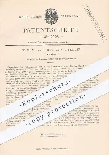 original Patent - W. May u. H. Iffland , Berlin  1882 , Tischbett | Tisch , Bett , Bettmöbel , Möbel , Möbelbauer , Holz