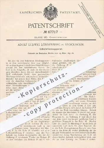 original Patent - A. L. Lönnerberg , Stockholm , Schweden , 1892 , Apparat zur Inhalation , Inhalieren | Medizin , Arzt