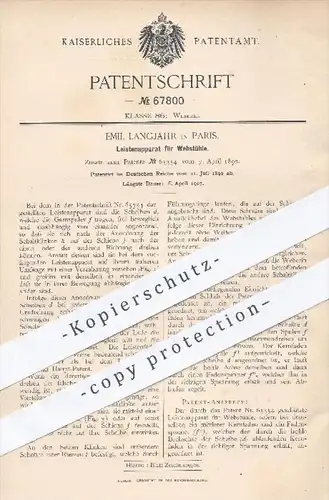 original Patent - Emil Langjahr in Paris , 1892 , Leistenapparat für Webstühle | Webstuhl , Weben , Weber , Weberei !!!