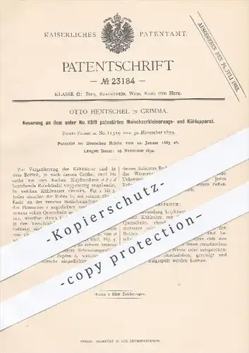 original Patent - Otto Henschel , Grimma , 1883 , Apparat zur Zerkleinerung u. Kühlung von Maische | Bier