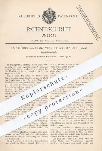 original Patent - J. Schröder , Franz Volkert , Offenbach / Main , 1894 , Bügel - Verschluss für Koffer , Taschen !!!