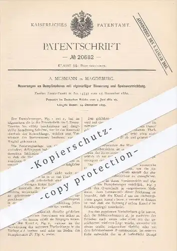 original Patent - A. Musmann in Magdeburg , 1882 , Dampfmotoren mit Steuerung u. Einspeisung | Dampfmaschinen , Motoren