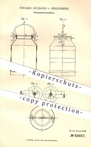 original Patent - Eduard Ahlborn in Hildesheim , 1891 , Kannenverschluss | Kanne , Kannen , Milchkanne , Gefäße !!!