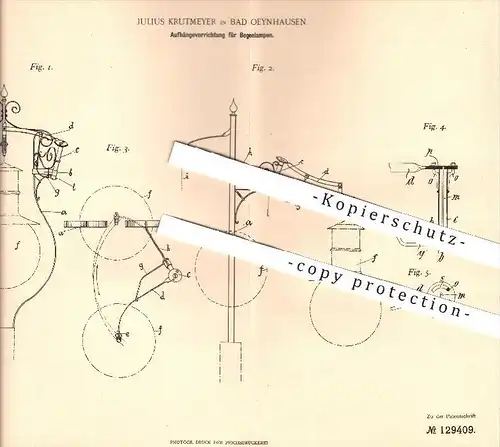 original Patent - Julius Krutmeyer in Bad Oeynhausen , 1901 , Aufhängung für Bogenlampen , Lampen , Beleuchtung , Licht