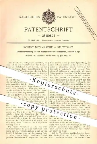 original Patent - R. Dommaschk , Stuttgart , 1894 , Verstellen der Rückenlehne von Betten , Sessel , Sofa , Möbel !!