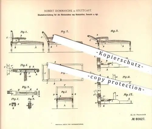 original Patent - R. Dommaschk , Stuttgart , 1894 , Verstellen der Rückenlehne von Betten , Sessel , Sofa , Möbel !!