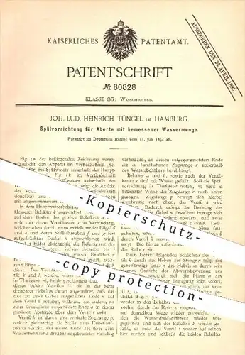original Patent - J. L. H. Tüngel , Hamburg , 1894 , Spülung für Aborte mit bemessener Wassermenge , WC , Toilette !!!