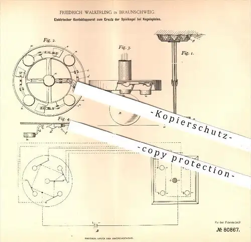 original Patent - F. Walkering , Braunschweig , 1894 , Elektr. Kontakt zum Ersatz der Kegel beim Kegeln , Billard !!