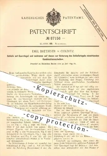 original Patent - E. Brethner , Colditz , 1895 , Schloss mit Querriegel , Türschloss , Riegel , Schlosser , Schlosserei